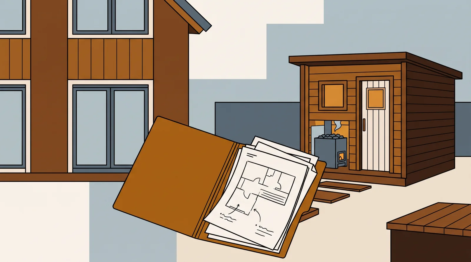 A house with a garden cabin and a folder of paperwork