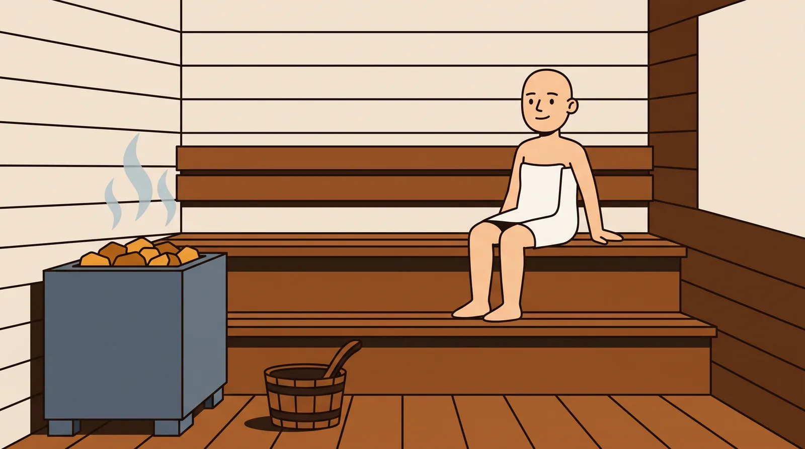 A sauna interior with bench levels and a stove