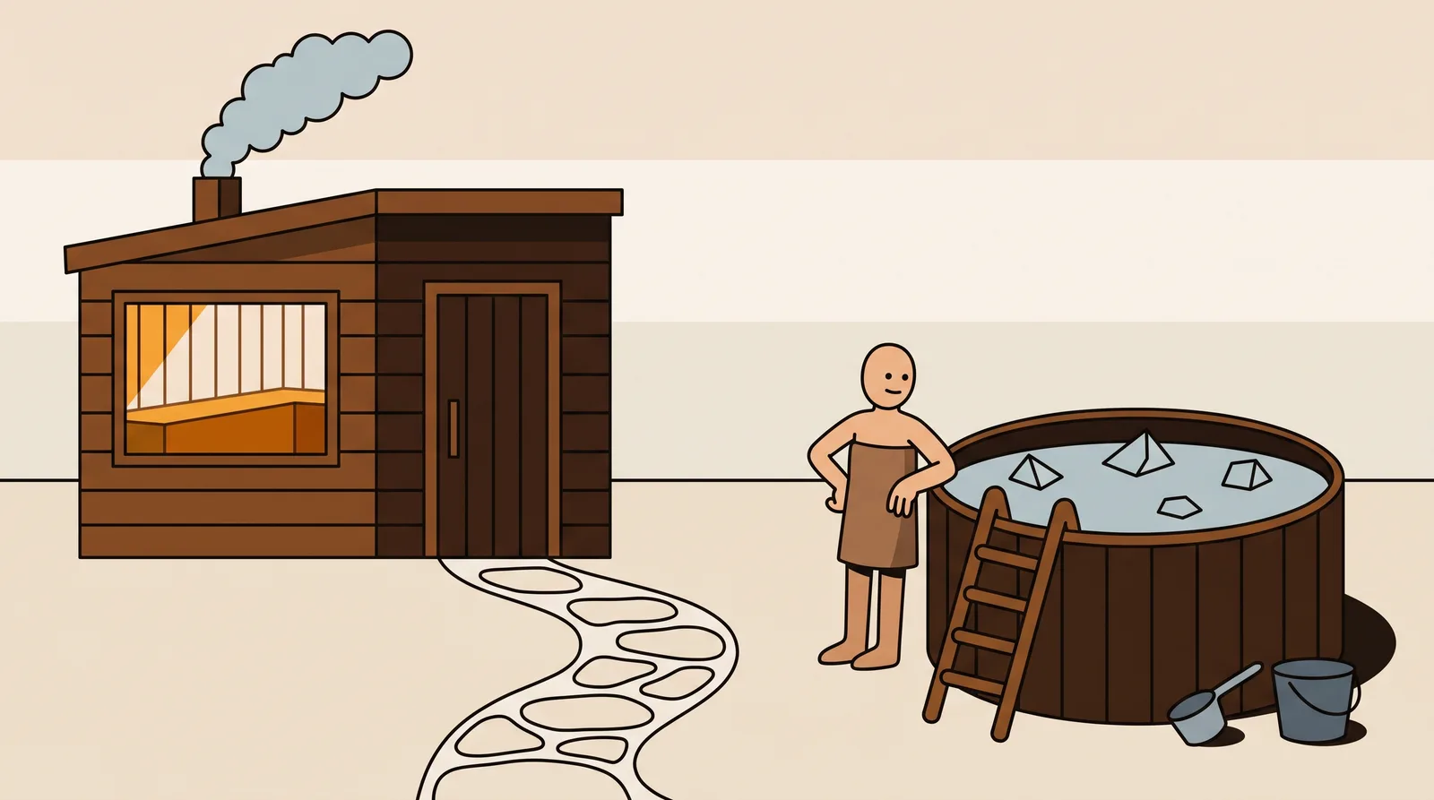 A sauna cabin beside a cold plunge tub