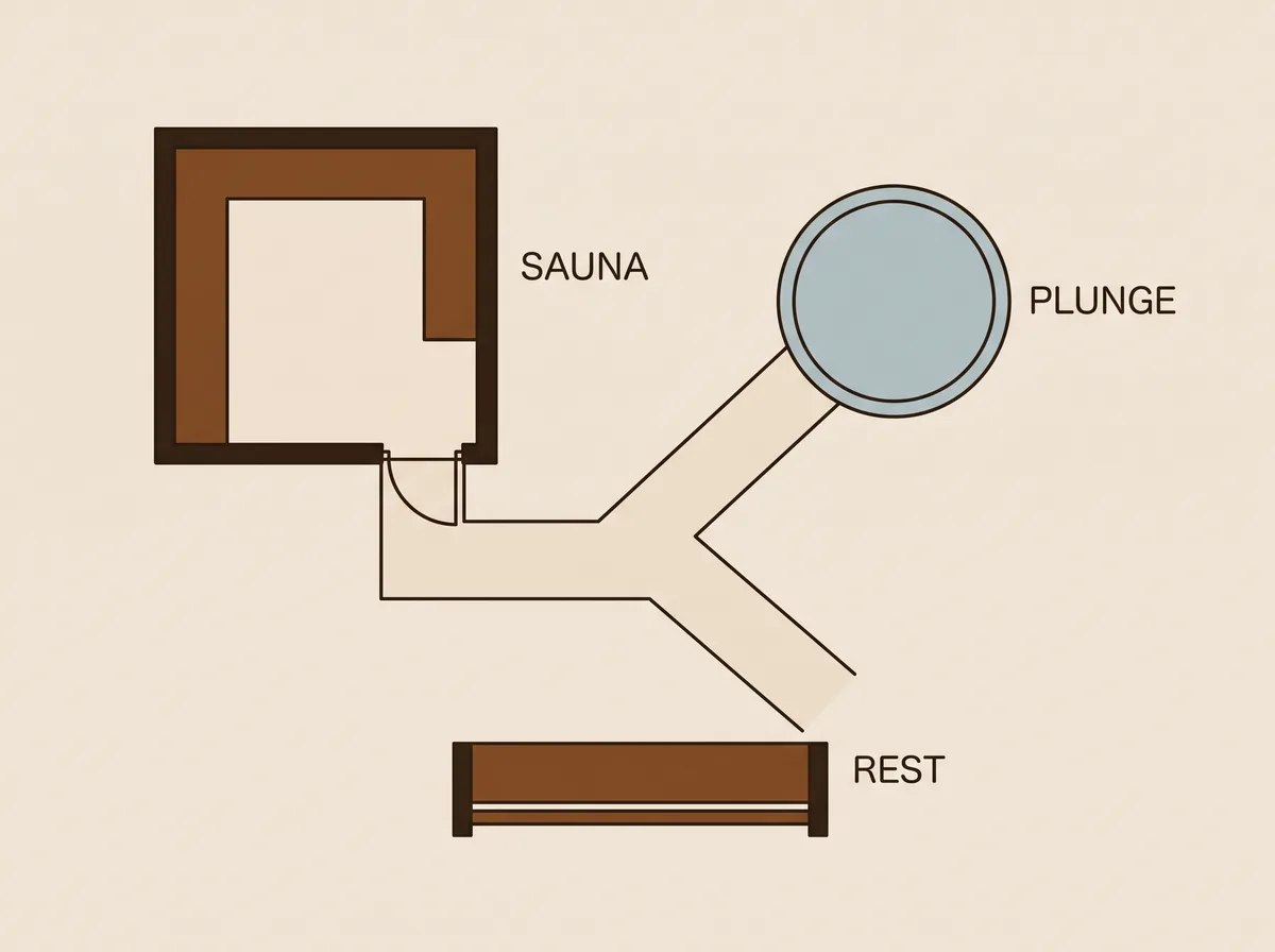 A garden setup with cabin, plunge tub and rest space