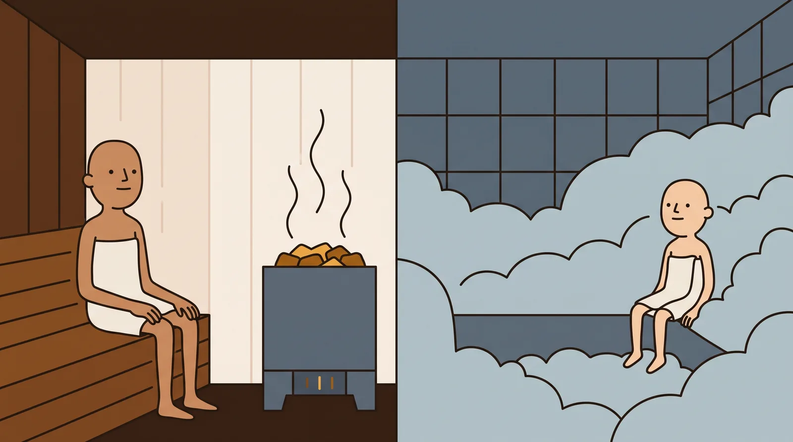 Dry heat and steam shown as contrasting rooms