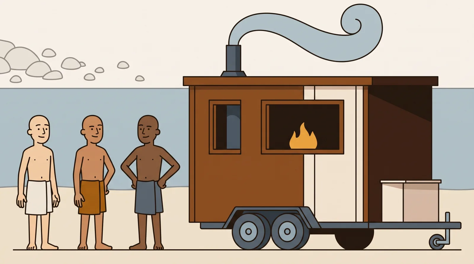 A mobile sauna trailer on a British beach