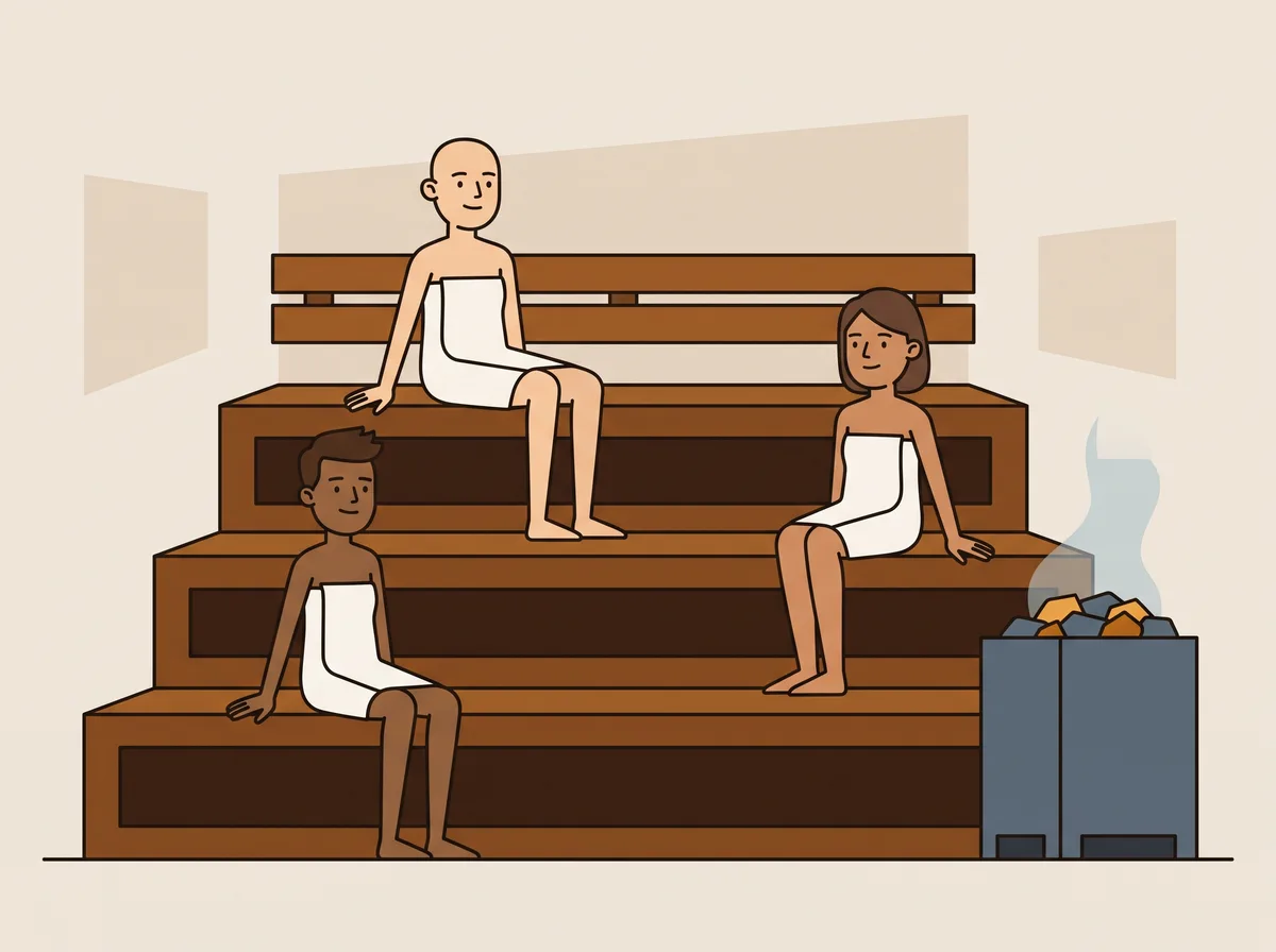 A communal sauna session with tiered benches