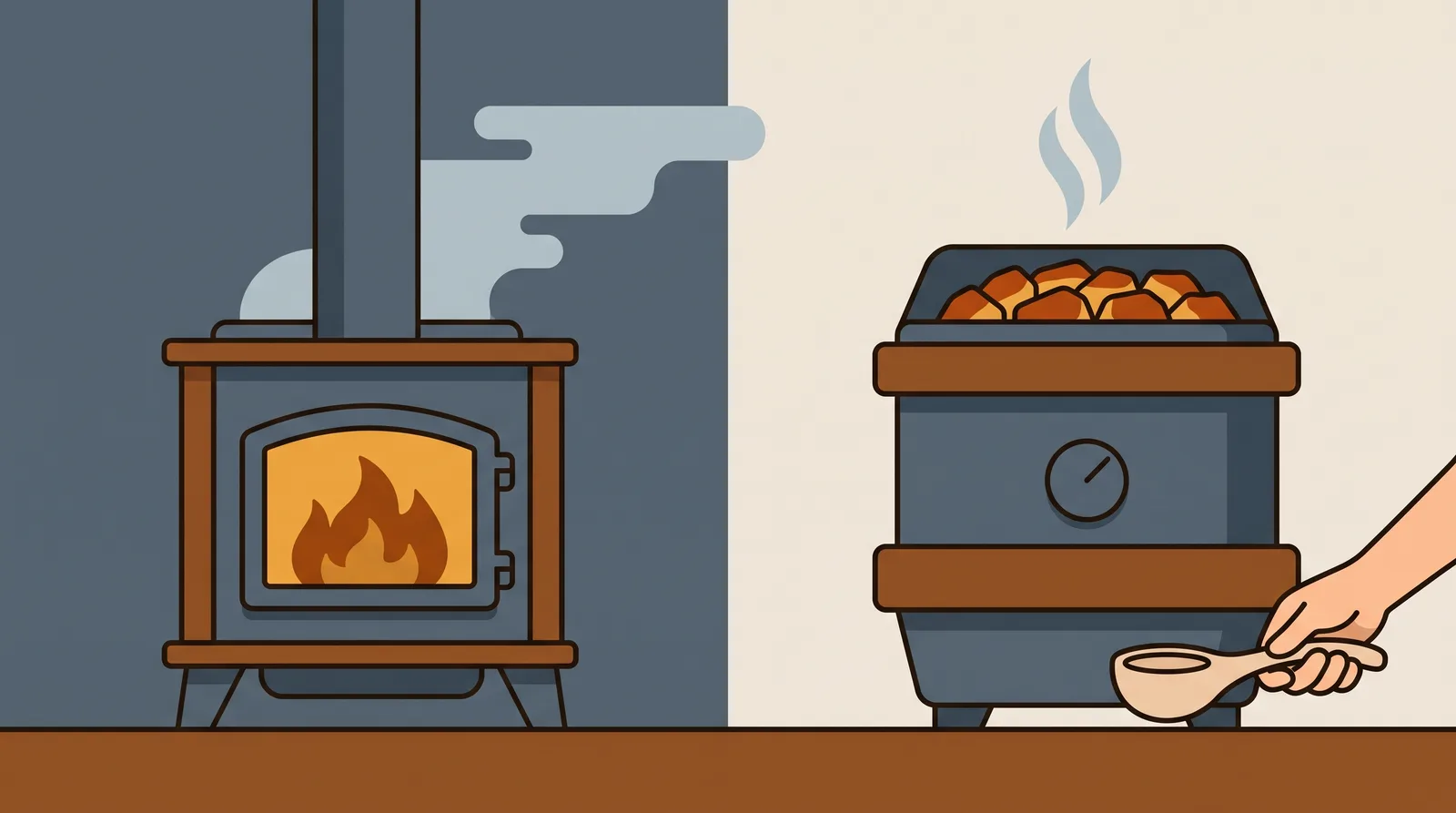A wood stove and an electric heater side by side