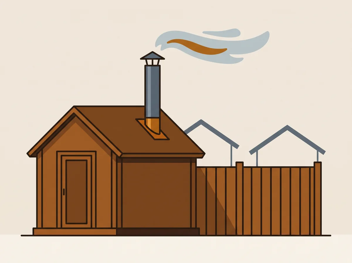 A flue on a garden sauna with a boundary and houses behind